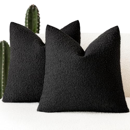Foindtower Set of 2, Decorative Textured Boucle Throw Pillow Covers Accent Solid Pillow Cases Neutral Soft Cozy Couch Cushion Case for Chair Sofa Bedroom Living Room Home Decor 16 x 16 Inch Black - color: Black, size: 16" x 16" (Pack of 2)