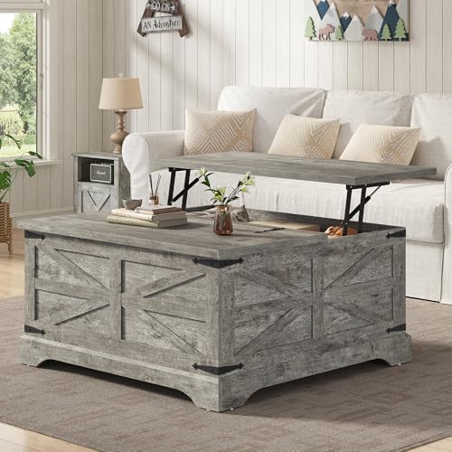 35.5''W Square Coffee Table Farmhouse Lift top Coffee Table with Large Hidden Storage, Wood Center Table for Living Room, Home Office, Rustic Grey - color: Grey Oak, size: 35.5''W