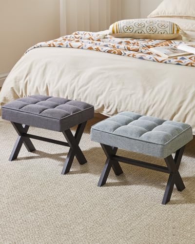 IBUYKE Small 12" H Footrest, Square Linen Step Stool, Blue Gray WBD011L | Foot Stool Metal X-Leg Multi-Use Small Side Table Living Room Bedroom Entryway Office - color: Blue Grey, size: 12.2"-Linen