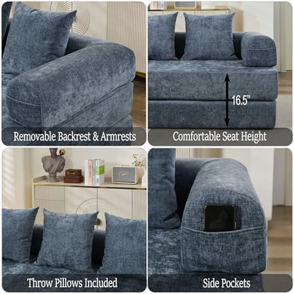 Convertible Folding Sofa Bed Modular Floor Couch, 78.8‘’ Cloud Sleeper Sofa with Removable Backrest, Chenille Foldable Mattress Couch, Lazy Loveseat for Small Space, Apartment, Bedroom, Blue - color: #3-blue