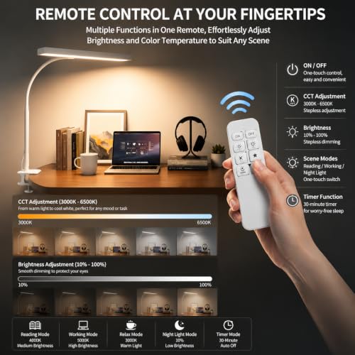 LED Desk Lamp with clamp, Remote Control Desk Lamp, 5 Color Modes & 10 Brightness Levels, 17'' Wide Light Bar, Eye Caring Gooseneck Desk Light, Adapter Included - color: White