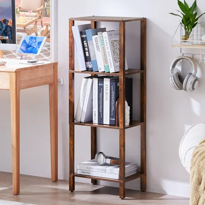 YUFAM 4-Tier Tall Slim Bookshelf, Small Bookcase for Small Spaces, Brown - color: Brown, size: 4-Tier