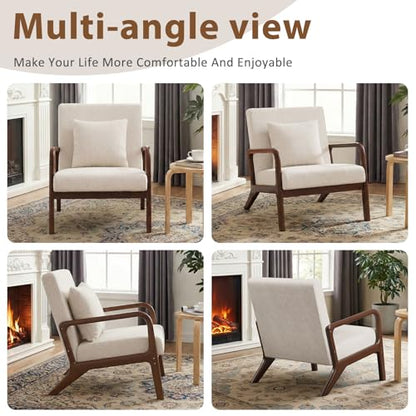 Mid Century Accent Chair with Solid Wood Frame Set of 2, Beige | Upholstered Lumbar Pillow Lounge Chair Linen Fabric Cozy Leisure Chair Walnut Living Room Chair for Bedroom Waiting Room - color: Walnut Wood - Beige Fabric, style: 2 PCS