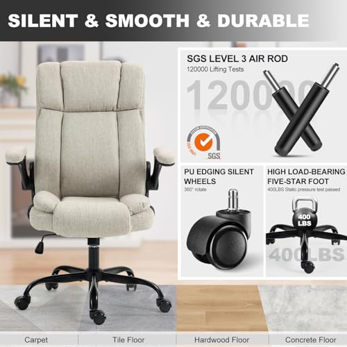 Fabric Office Chair High Back Executive Ergonomic Chair Flip Arms | Premium cloth fabric office chair with high back ergonomic support, flip-up arms, adjustable height, 90°-120° tilt function - color: Beige