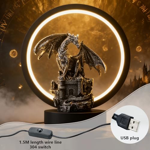 Dragon Lamp Light Fantasy Statue Dungeon and Dragons Gifts ﻿ ﻿ ﻿ | 6.15 inch LED Circle USB Table Lamp Light for Bookshelf/Desk/Bedside/Nightstand,Great for Collectors and Dragon Fans Alike - color: Black