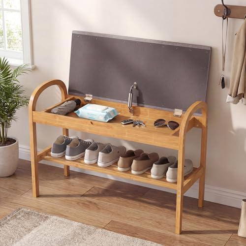 GOFLAME Bamboo Shoe Rack Bench with Storage, 2-Tier Entryway Bench with Flip Top Storage and Padded Seat Cushion, Shoe Rack Organizer with Shelf for Hallway, Bedroom, Living Room - style: With Storage