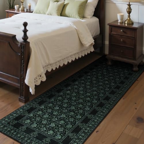 Lahome Black Kitchen Runner 2.5x8, Machine Washable Runners for Hallways, Vintage Floral Carpet Runners for Bedroom Laundry Room High Traffic (2'6"x8', Black/Green) - color: Black/Green, size: 2' x 8'