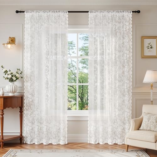 Vintage Floral Lace Sheer Curtains 72 Inches Long 2 Panels Victorian Ivory, Scalloped Edge Light Softening, Easy Install Rod Pocket Drapes for Bedroom Living Room French (W52xL72) White - color: Whitefloral, size: 52"W x 72"L (Pack of 2)