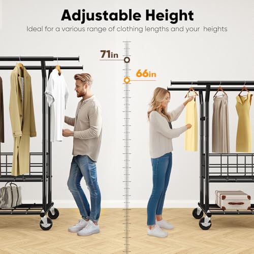 HOKEEPER Clothes Rack Load 635 LBS, Black Double Rod with Metal Basket | Heavy Duty Clothing Rack, Large Storage Space, with Wheels, Easy to Move & Assemble, 5 Years Sweet Service, 21.6"D*71"W*68"H - color: Black