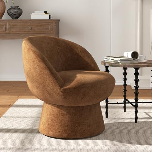 Modern Swivel Barrel Lounge Chair, Brown Chenille Accent Chair | 360° Rotation, Curved Back Support & Cozy Small Space Seating for Living Room, Bedroom & Reading Nook - color: Brown, size: 1 Chair