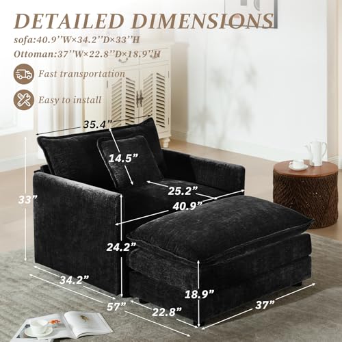 Comfy Chenille Modular Single Sofa with Ottoman, 1Seat+1Ottoman,Black | Randomly Assemble Modular Sofa Sets, Modern Recliner Deep Seat Sofa Set for Living Room,Office - color: Black, size: 1S+1O