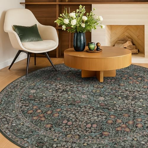 Washable Round Area Rug 6ft for Living Room, Non Slip Circle Rugs for Bedroom, Dining Room, Nursery, Kitchen, Home Office, Vintage Moody Dark Green Floral Low Pile Circular Carpet Indoor - color: Dark Green / Black, size: 6' (Round)