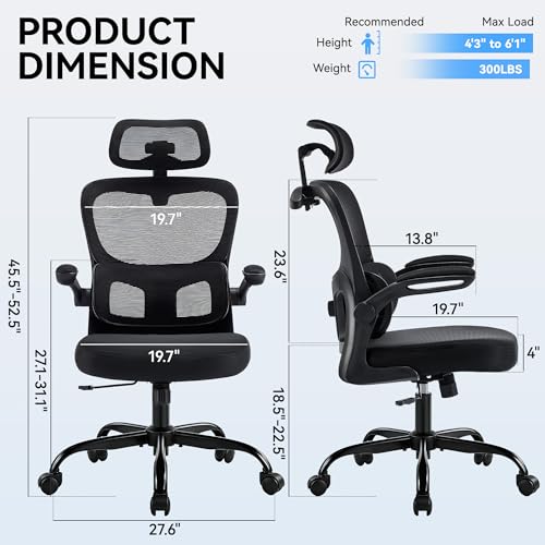 Office Chair-Ergonomic Desk Chair with Hidden Hanger & Flip-Up Arms, High Back Mesh Computer Chair with 2D Headrest & Adjustable Lumbar, Comfy Rolling Task Chair for Home Work Gaming, Black - color: Black
