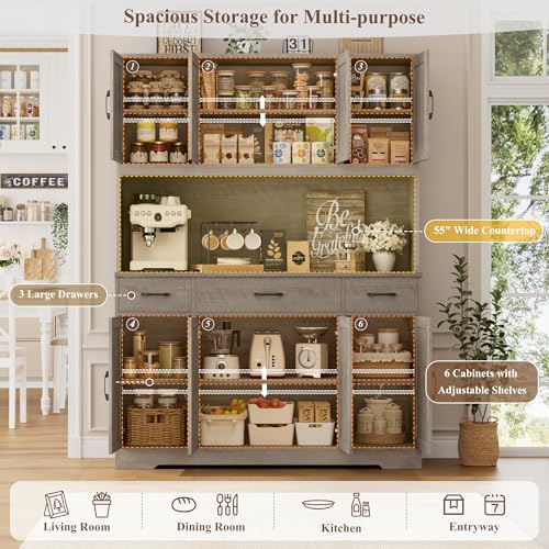 HOSTACK 71" Tall Kitchen Pantry Storage Cabinet, 55" W Kitchen Hutch, Grey | Large Pantry Cabinet with Charging Station / Countertop / 3 Drawers, Farmhouse Hutch Cabinet with Storage for Dining Room - color: Ash Grey
