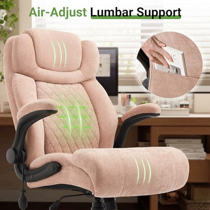 Office Chair, Big and Tall Executive Chair with Air-Lumbar Support, Breathable Desk Computer Chair with Adjustable Flip-up Armrests, Wide Cushion Seat Swivel Home Office Chair - color: Lightpink