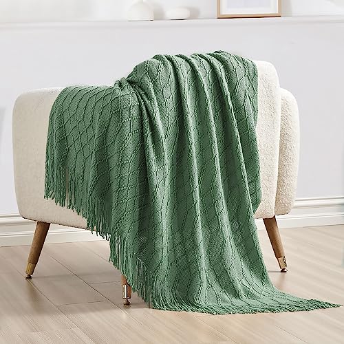 KASYLAN Acrylic Knitted Throw Blanket for Sofa Bed 50x60 Inch Green | Ultra soft acrylic knit, lightweight warm, multi-scene for sofa couch bed, machine washable, breathable textured throw - color: Rhombu-green