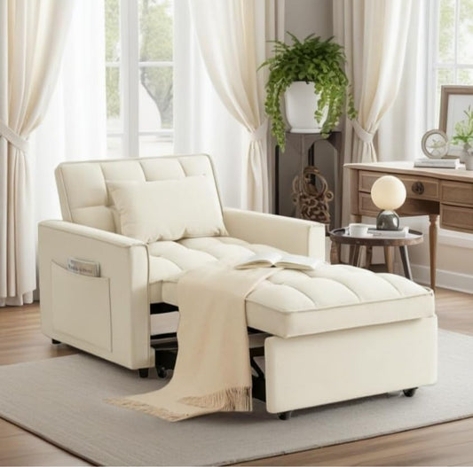 Sleeper Chair with Pull Out Bed, 3 In1 Convertible Couch Bed, White | Adjustable Backrest,Soft Cushioning,Handy Side Pocket - color: D-white-g5