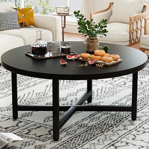Round Coffee Table, 31.5" Black Coffee Table, Coffee Tables for Living Room | Circle Wooden Coffee Table, Large Modern Center Table with Metal Frame for Office Apartment Home Small Space - color: 31.5"d Round Black