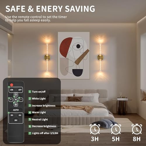 Battery Operated Wall Sconces Set of 2, Gold 20'' Rechargeable Crystal Bubble Wall Sconce with Remote Control, 3000K-6000K Dimmable LED Wireless Wall Lights for Living Room Bedroom Hallway - color: Gold
