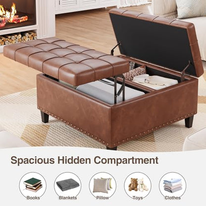 FiveWillowise 31.5 Inch Large Square Ottoman with Storage,Faux Leather | Coffee Table Storage Ottoman Bench with Lift Top Upholstered Footrest Stool Toy Box for Bedroom Living Room,Brown - color: Brown