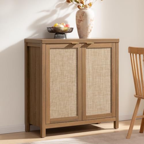 SICOTAS Sideboard Buffet Cabinet with Large Storage, Rattan Boho Credenza | Farmhouse Storage Cabinet Coffee Bar Cabinet with Adjustable Shelves, Buffet Console Table for Kitchen Living Room Hallway - color: Reclaimed Caramel Oak, size: 1 Piece