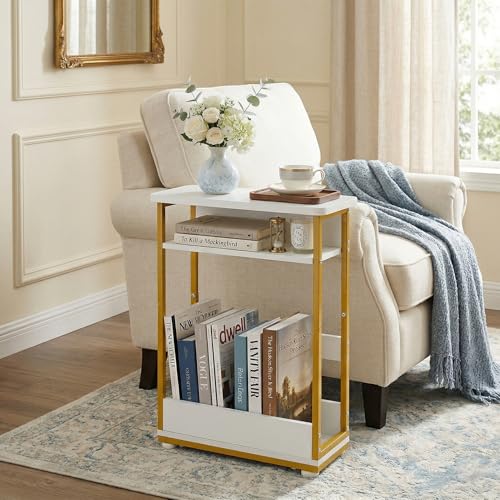 Narrow Side Table,3-Tier Slim End Table with Storage Shelf,Modern Sofa Table Thin Side Table for Small Spaces, Skinny Bedside Table Small Nightstand with Magazine Rack Space Saving/White+Gold - color: White+gold