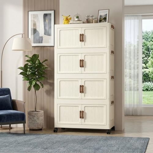 206QT Modular Stackable Storage Cabinet, Rolling Lidded Storage Containers with Wheels, Collapsible Drawer Storage Bins for Clothes, Toys, Bedroom, Dorm Room Organization, Cream White（4 Pack） - size: 4 Pack 24 L x 12 W x 45 H