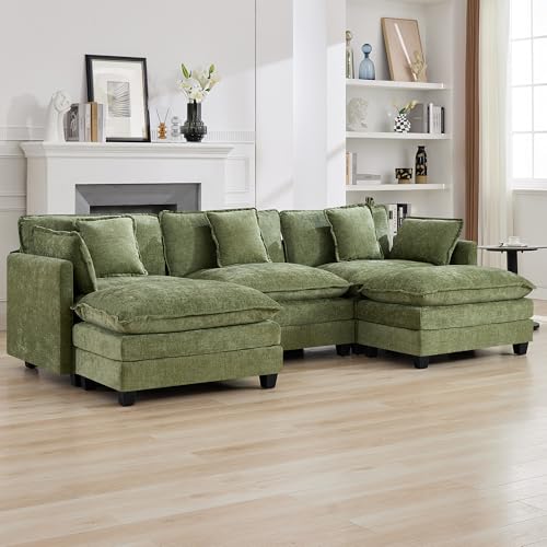 111'' Sectional Cloud Deep Seat Couch, Oversized Chenille U Shaped Sectional Sofa for Living Room Set, Comfy Upholstered Modular 3-Seats Sectional Sofa Couch with 2 Movable Ottoman, Green - color: Green, size: 111'' U Shape