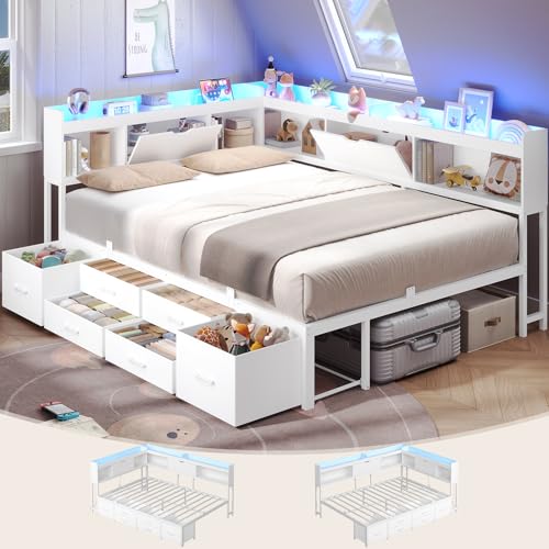 AOGLLATI Full Size Corner Bed Frame with 6 Storage Drawers and Bookcase Hidden Headboard, Full Bed Frame Metal Platform Daybed with Charging Station and LED Lights for Kids Teens, White - color: White, size: Full