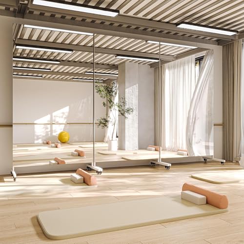 Hasipu 67" x 40" Large Full Length Rolling Mirror with Wheels, White | Tempered glass, sturdy metal frame, smooth rolling casters, removable stand, ideal for gym, bedroom, dance studio - size: 67"L x 40"W
