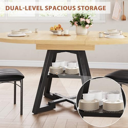 Extendable Dining Table for 4-8, Round Extendable Dining Room Table with Removable Leaf & Storage Shelf, Expandable Oval Kitchen Table with Pedestal Base, Modern Industrial Space Saving (Natural) - color: Natural