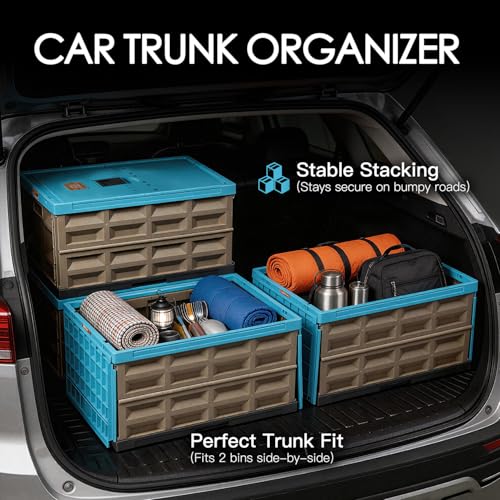 Heavy Duty Collapsible Storage Bins, Attached Lids, 12 Gal, 2 Pack | 400 LBS Stacking Strength, Secure Slide Lock, Durable PP Plastic, For Garage / RV / Car Trunk / Moving - color: Blue - 45L - Pack of 2