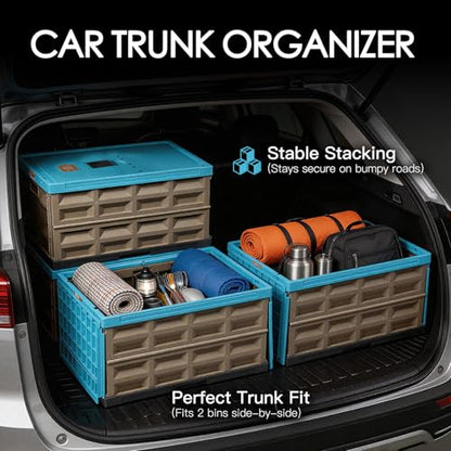 Heavy Duty Collapsible Storage Bins, Attached Lids, 12 Gal, 2 Pack | 400 LBS Stacking Strength, Secure Slide Lock, Durable PP Plastic, For Garage / RV / Car Trunk / Moving - color: Blue - 45L - Pack of 2