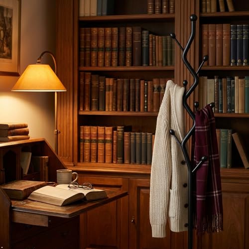 Black Tree Meta Coat Rack with Marble Base Freestanding Hall Tree | Multi-Hook Entryway Organizer for Hallway, Bedroom, Living Room (Black) - color: Black