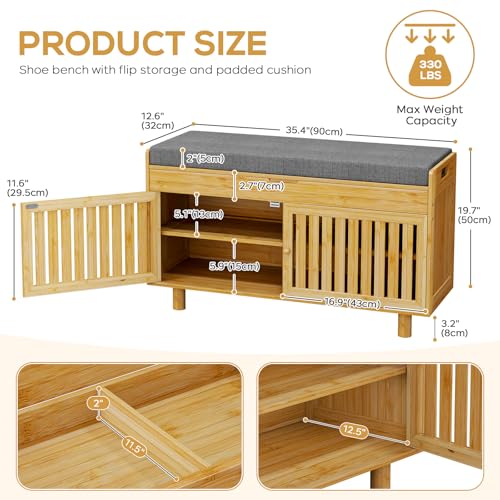 Bamboo 35.4'' Shoe Storage Bench, 2-Tier Shoes Rack Cabinet for Entryway | Narrow Shoes Bench with Lift Top Hidden Storage & Padded Seat & 2 Doors for Hallway, Mudroom, Living Room, Bedroom, Natural - color: Natural