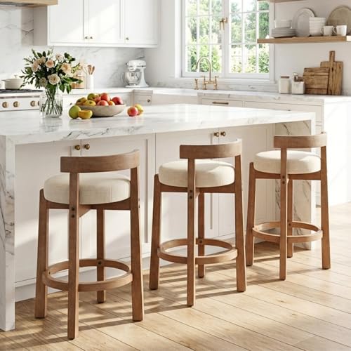 HEAH-YO Bar Stools Set of 3, 26" Linen Fabric Upholstered Counter Height Bar Stools, Modern Barstools Counter Stools with Wood Legs for Kitchen Island Dining Room Bar, Beige - color: 26.5" Beige Linen, size: Counter Height - Set of 3