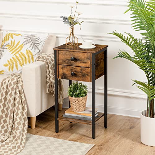 HOOBRO Tall Nightstand, End Table with 2 Drawers and Storage Shelf, Industrial Telephone Side Table for Study, Bedroom, Space Saving, Easy Assembly, Rustic Brown and Black BF72BZ01