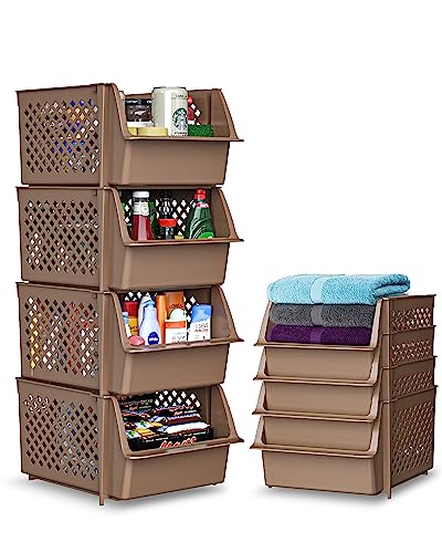 TidyFriend Plastic Stackable Storage Bins for Pantry, 4 Pack Stackable Bins For Organizing Food, Kitchen, and Bathroom Essentials (Brown) | Sturdy Plastic, Easy Stacking, Open Front Access, Ventilated Sides, Vertical & Space Saving Pantry Organizers and S