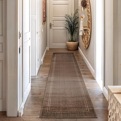 Rugshop Modern Bordered Distressed Runner Rug for Entryway Brown 2' 3" x 8' | Size 2' 3" x 8', Living Room, Bedroom, Dining Room, Home Office, Kitchen, Hallway, Nursery, Kids Room, Guest Room, Bedside - color: Brown, size: 2'2" x 8' (Rectangular)