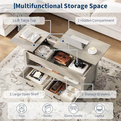 Multifunctional Lift Top Coffee Table, Convertible Wooden Coffee Table with 2 Drawers & Hidden Compartment, Storage Center Table for Living Room Home Office,Grey - color: Grey