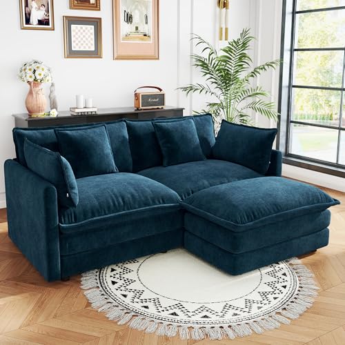 76.7 Inch 2-Seat Modular Sectional Cloud Sofa, L-Shaped, Blue | Chenille Deep Seat Sofa with Pillow for Living Room, Bedroom and Apartment - color: Blue, size: 76.7 inch-L