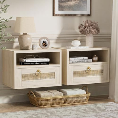 Floating Nightstand Set of 2 with Drawer for Wall Mounted Hanging Rattan Night Stand Bed Side Tables Wooden End Table Small Boho Dressers for Bedroom Farmhouse Shelves with Drawers
