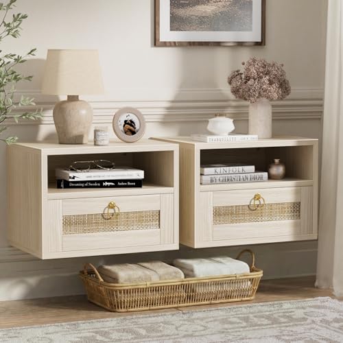Floating Nightstand Set of 2 with Drawer for Wall Mounted Hanging Rattan Night Stand Bed Side Tables Wooden End Table Small Boho Dressers for Bedroom Farmhouse Shelves with Drawers