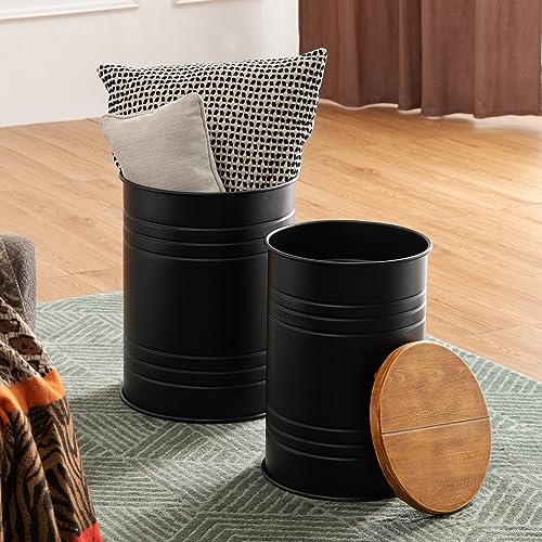 Glitzhome Rustic End Table Set of 2, Farmhouse Galvanized Metal Barrel Ottoman Storage Stool with Round Wood Lid for Living Room Furniture, Black - color: Black