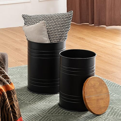 Glitzhome Rustic End Table Set of 2, Farmhouse Galvanized Metal Barrel Ottoman Storage Stool with Round Wood Lid for Living Room Furniture, Black - color: Black