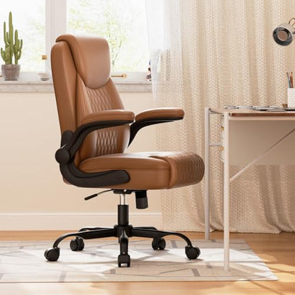 GTPLAYER PU Leather Office Chair, Home Desk Chair with Flip-up Arms, Brown | Ergonomic Back, Comfy Executive Chair for Home Office Gaming, Flexible Rocking, Heavy Duty Chairs - color: Brown