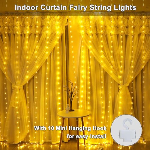 300 LED Curtain String Lights, Fairy String Lights with 8 Light Modes & Remote Controlled, 9.8x9.8ft Indoor Outdoor String Lights for Christmas, Weddings, Party, Bedroom, Wall, Window (Warm white) - color: Copper Wire-Warm white