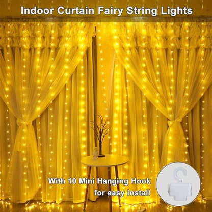 300 LED Curtain String Lights, Fairy String Lights with 8 Light Modes & Remote Controlled, 9.8x9.8ft Indoor Outdoor String Lights for Christmas, Weddings, Party, Bedroom, Wall, Window (Warm white) - color: Copper Wire-Warm white
