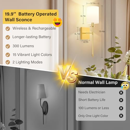 19.9 Inch Wall Sconces Battery Operated Set of 2, Gold Rechargeable Wireless Wall Sconces Lights with Remote, Not Hardwired Dimmable Wall Lamps with White Fabric Shade for Bedroom, 2 Bulbs Included - color: Gold and White, size: 19.9 inch