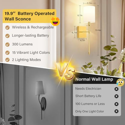 19.9 Inch Wall Sconces Battery Operated Set of 2, Gold Rechargeable Wireless Wall Sconces Lights with Remote, Not Hardwired Dimmable Wall Lamps with White Fabric Shade for Bedroom, 2 Bulbs Included - color: Gold and White, size: 19.9 inch